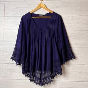 Solitaire Blouse Womens Size 2X Navy Blue Pintuck Button Down Embroidery Boho